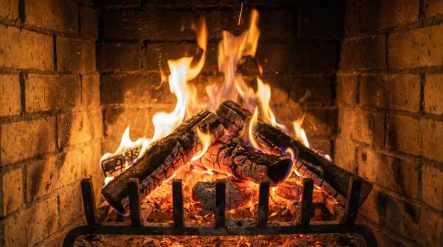 Aging Syracuse NY fireplace in use showing decades of thermal wear on refractory brick and mortar joints. A-Z Construction & Restoration